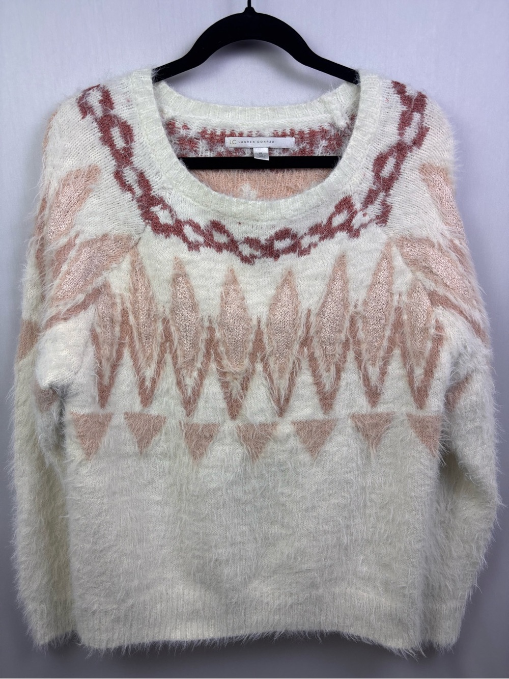 LC Lauren Conrad Cozy Ivory & Blush Patterned Fuzzy Sweater